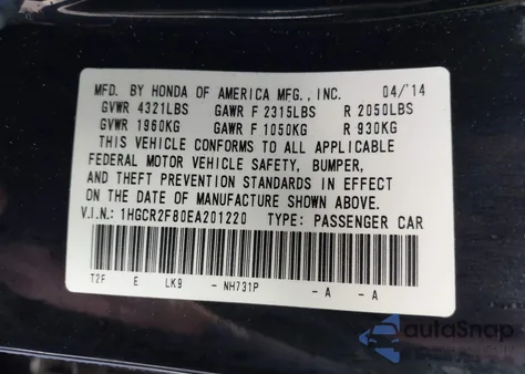 2014 Honda Accord Ex-L z USA, uszkodzony, nr VIN 1HGCR2F80EA201220